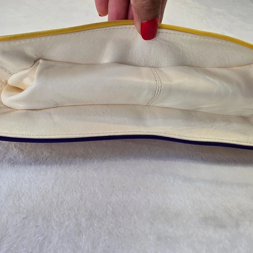 Kooba Leather Oversized Clutch Bag Cream with Multicolor Piping Wristlet Strap